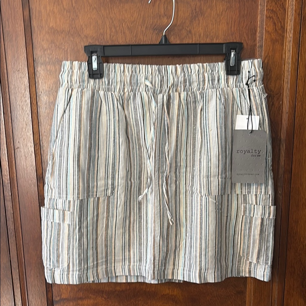 NWT Royalty For Me Blue, Tan, and White Striped Drawstring Skort Size M